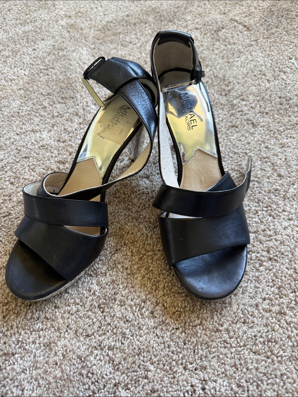 Michael Kors Black Leather Cross-Strap Heels with Gold Insole